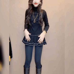 小香风打底小衫洋气波点荷叶边T恤女高领中长款遮臀黑色收腰上衣