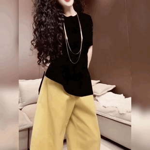百搭黑色丝绒短袖T恤衫女半袖法式圆领上衣女简约修身显瘦打底衫