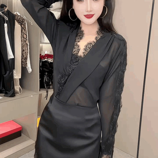 高级感纯欲蕾丝拼雪纺纱衬衫女法式名媛宽松衬衣小众黑色V领上衣