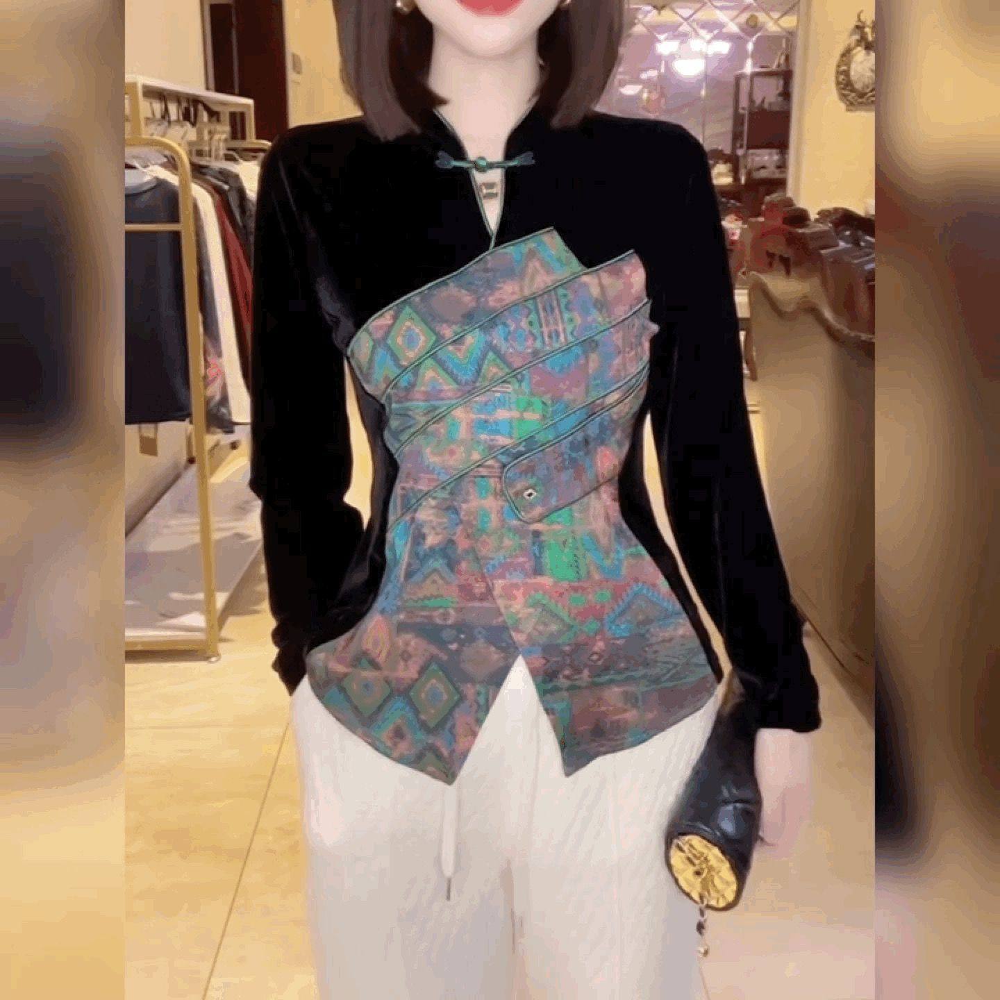 设计感时尚复古民族风长袖上衣新中式印花拼金丝绒打底衫修身衬衫