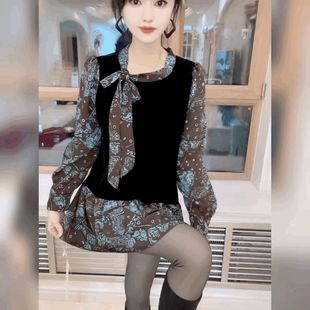 系带丝绒拼碎花雪纺衬衫女荷叶边中长款遮臀宽松上衣法式打底小衫