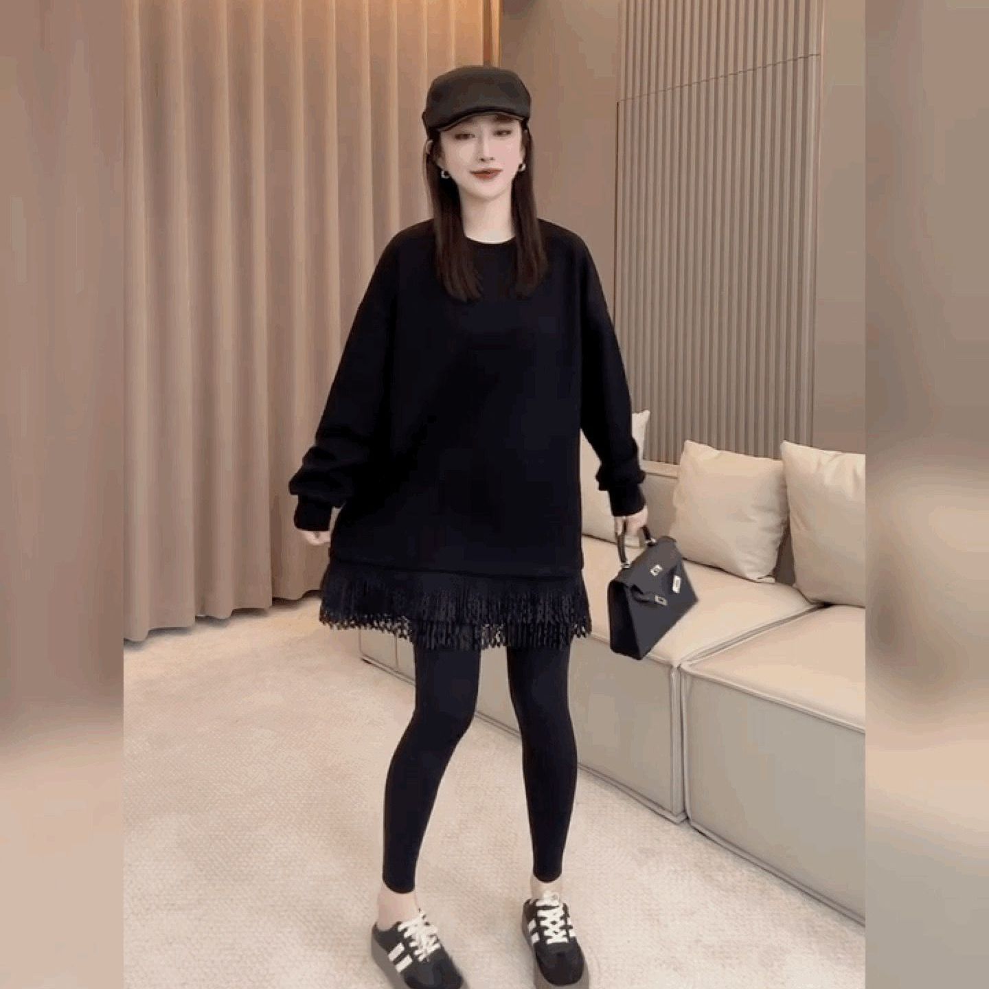 宽松显瘦中长款卫衣裙圆领长袖上衣时尚百搭净版拼蕾丝底边打底衫