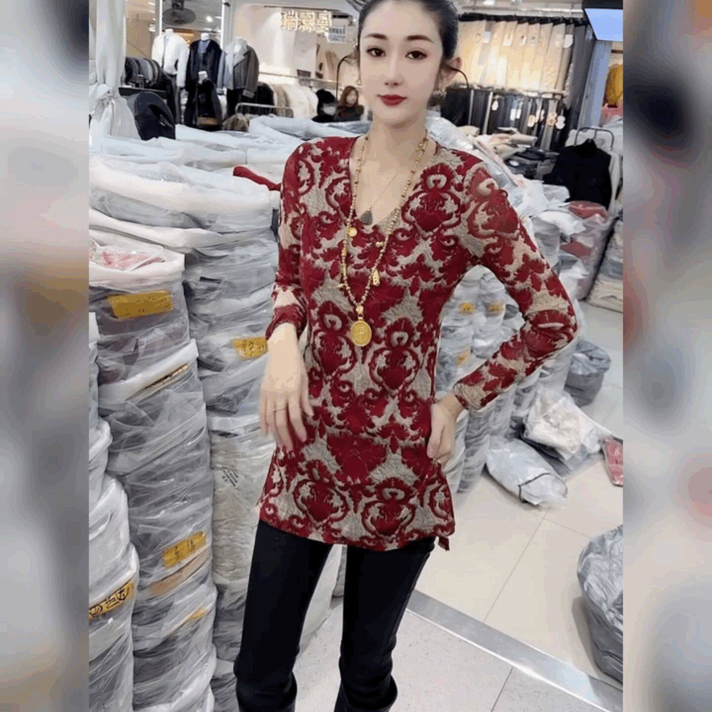 中长款遮臀法式上衣女V领修身显瘦打底衫时尚蕾丝网纱碎花开叉T恤