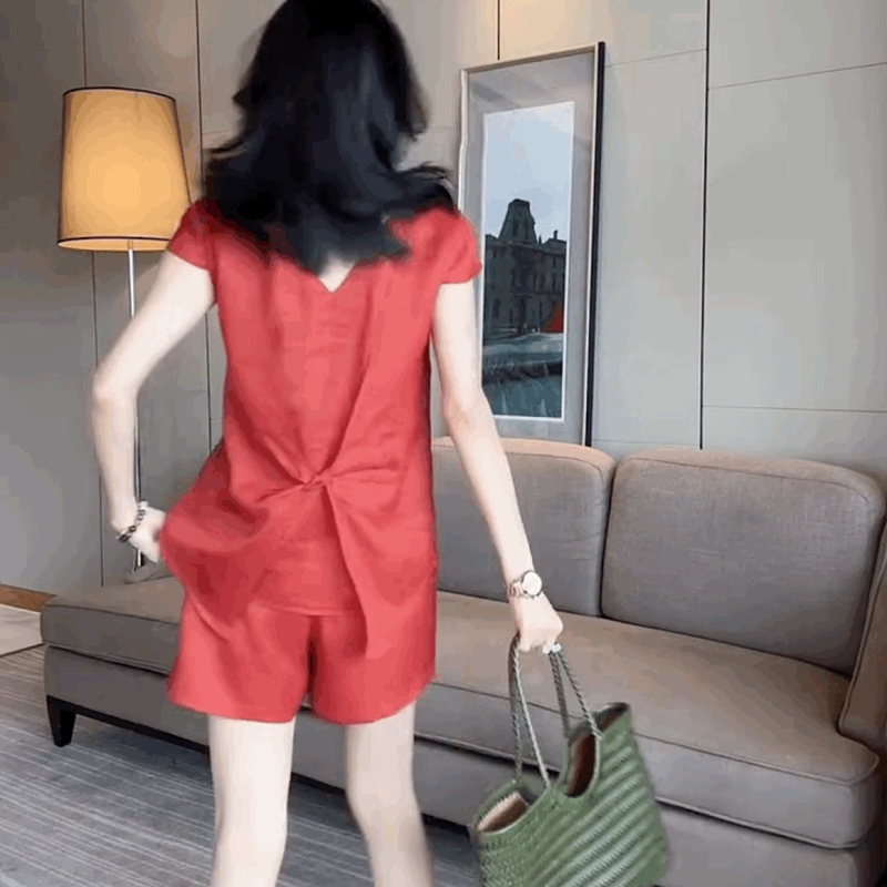 法式V领短袖T恤小衫麻料套装女
