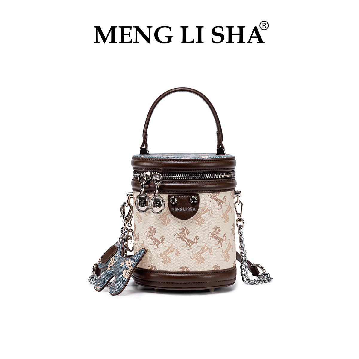 MENGLISHA新款欧美复古高级感印花手提水桶包包女通勤单肩斜挎包
