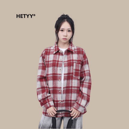 HETYY男女同款秋季磨毛格子衬衫外套日系加厚长袖衬衣情侣潮宽松