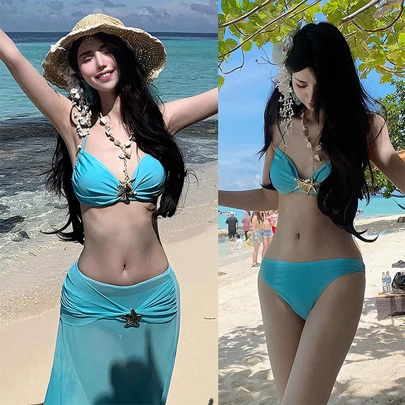 清新挂脖分体泳衣女遮肉显瘦纱裙