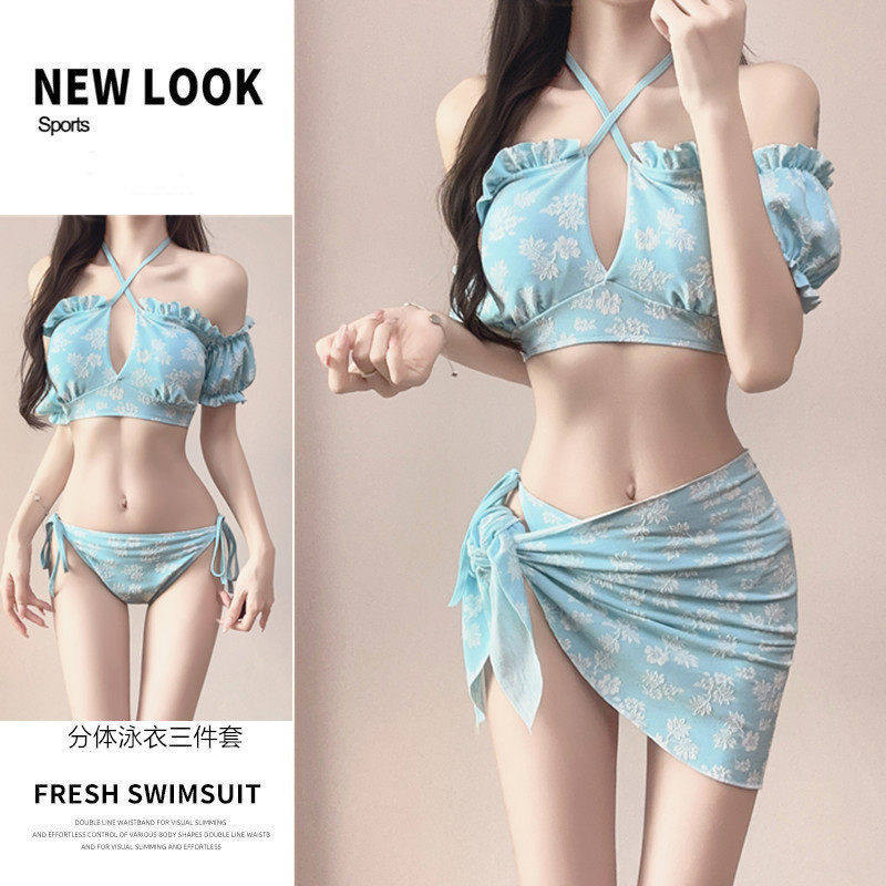 挂脖碎花分体泳衣女遮肉显瘦度假