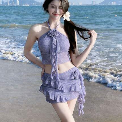 泳衣女挂脖分体三件套高腰遮肚显瘦纯欲风海边度假性感辣妹泳装