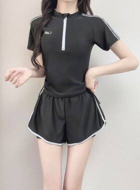 运动风分体泳衣女短袖短裤两件套学生党保守遮肉显瘦温泉度假出片