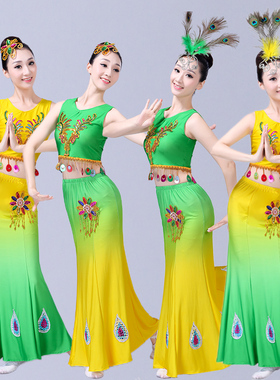 傣族舞蹈演出服服装弹力渐变孔雀舞葫芦丝云南西双版纳傣族服饰女