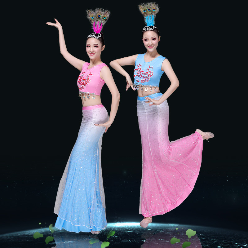 成人傣族舞蹈服装女艺考纱纱裙云南民族孔雀舞演出服鱼尾裙表演服