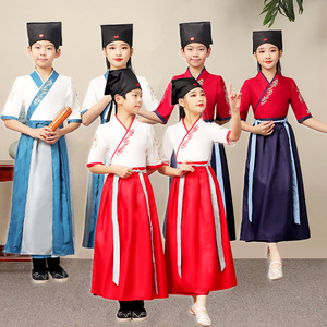 短袖汉服男童国学服装女童中国风古装书童三字经儿童演出服小学生