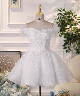 白色一字肩蓬蓬裙聚会生日party网纱小裙子法式晚礼服主持演出服