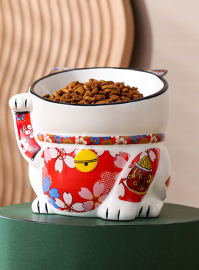 宠物用品陶瓷猫碗招财猫碗日式猫碗斜口碗高脚碗保护脊椎防黑下巴