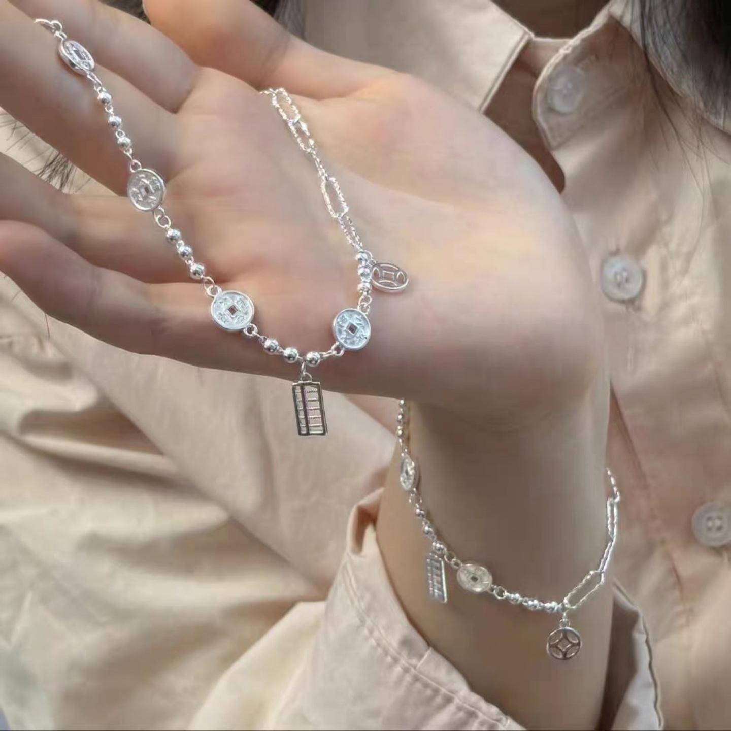 纯银五帝钱手链女高级感招财手串