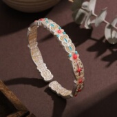 纯银珐琅彩描金手镯女新中式 国风海棠花卉轻奢复古足银镯子送女友