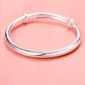 纯银手镯女款 光面素圈实心足银镯子圆肚推拉手环送女友情人节礼物