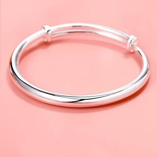 纯银手镯女款光面素圈实心足银镯子圆肚推拉手环送女友情人节礼物