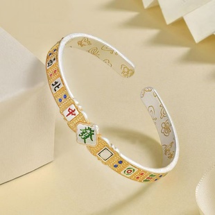 足银9999描金珐琅麻将手镯女中式 国风如意招财开口纯银镯子送女友
