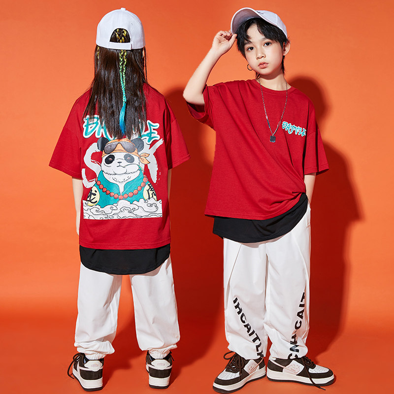 儿童街舞潮服中大童宽松衣服短袖长裤子炫酷男童女童嘻哈风演出服