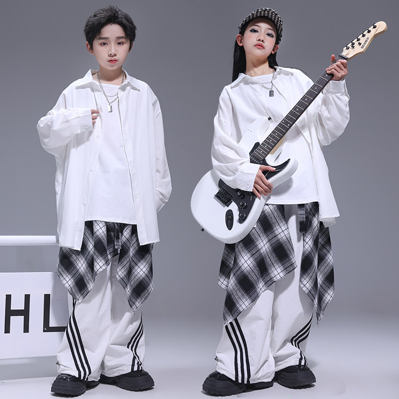街舞儿童潮服男童帅气白衬衫嘻哈架子鼓演出服女童爵士舞现代舞服