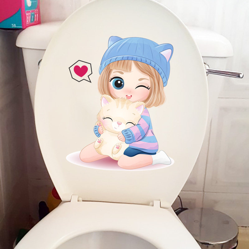 蓝帽女孩猫咪创意个性马桶盖贴纸 卫生间防水装饰时尚墙贴