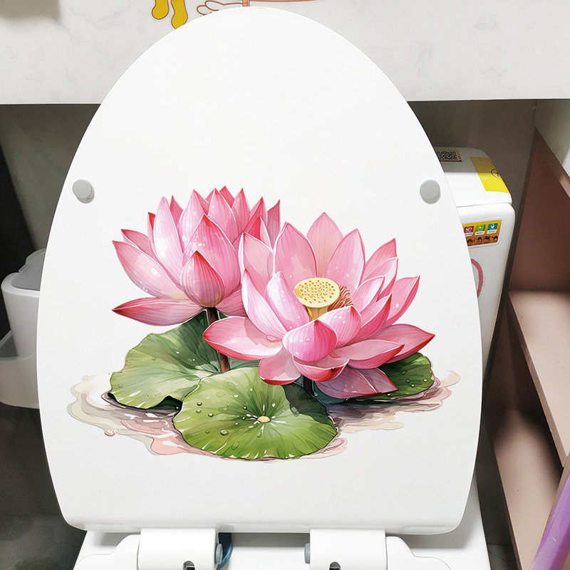 水彩艺术粉色荷花马桶盖贴纸浴室坐厕装饰贴防水贴画