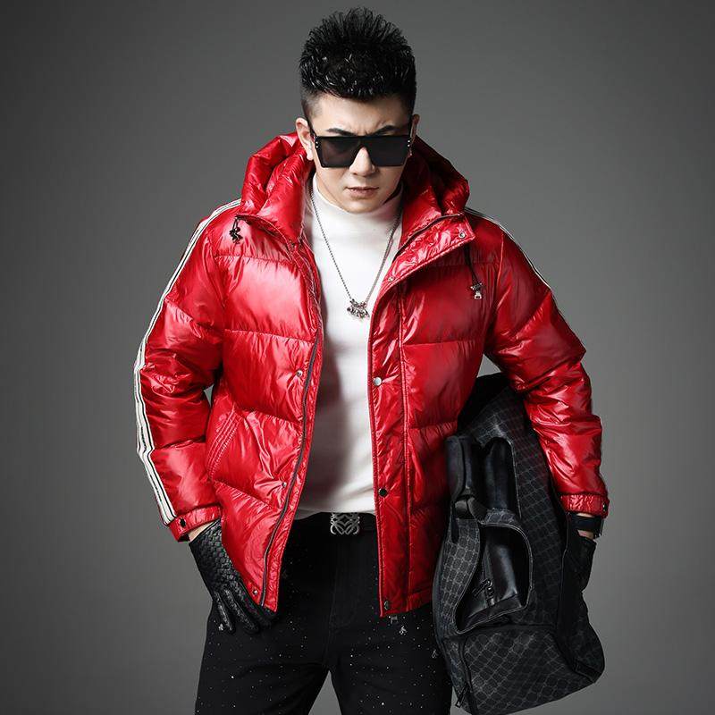 欧美高端男装白鸭绒连帽外套男士冬季新款时尚亮面加厚保暖羽绒服