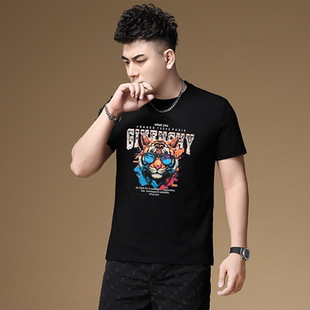 欧潮2025夏季轻奢男装欧货男士新款潮牌丝光棉个性老虎头短袖T恤