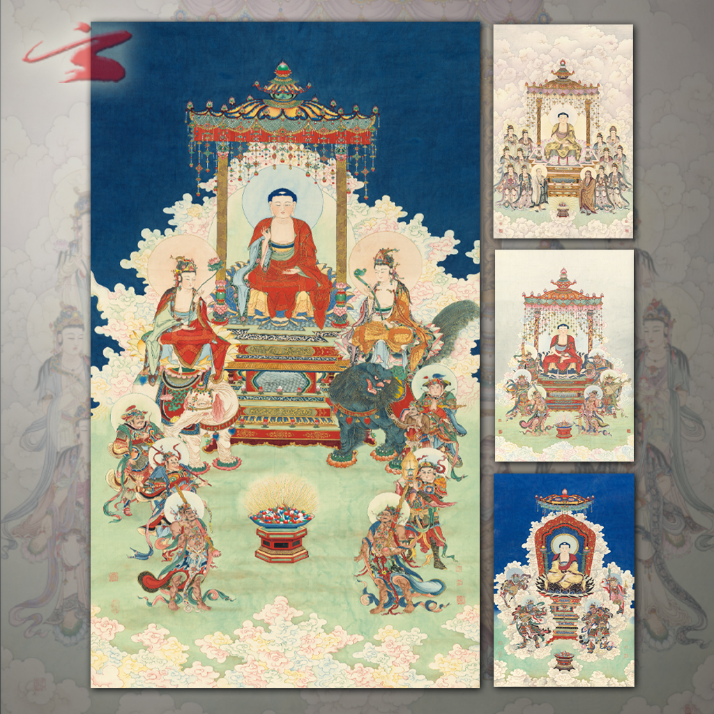 夏荆山国画工笔人物画绢布画佛画复制画释迦牟尼四大天王画微喷画