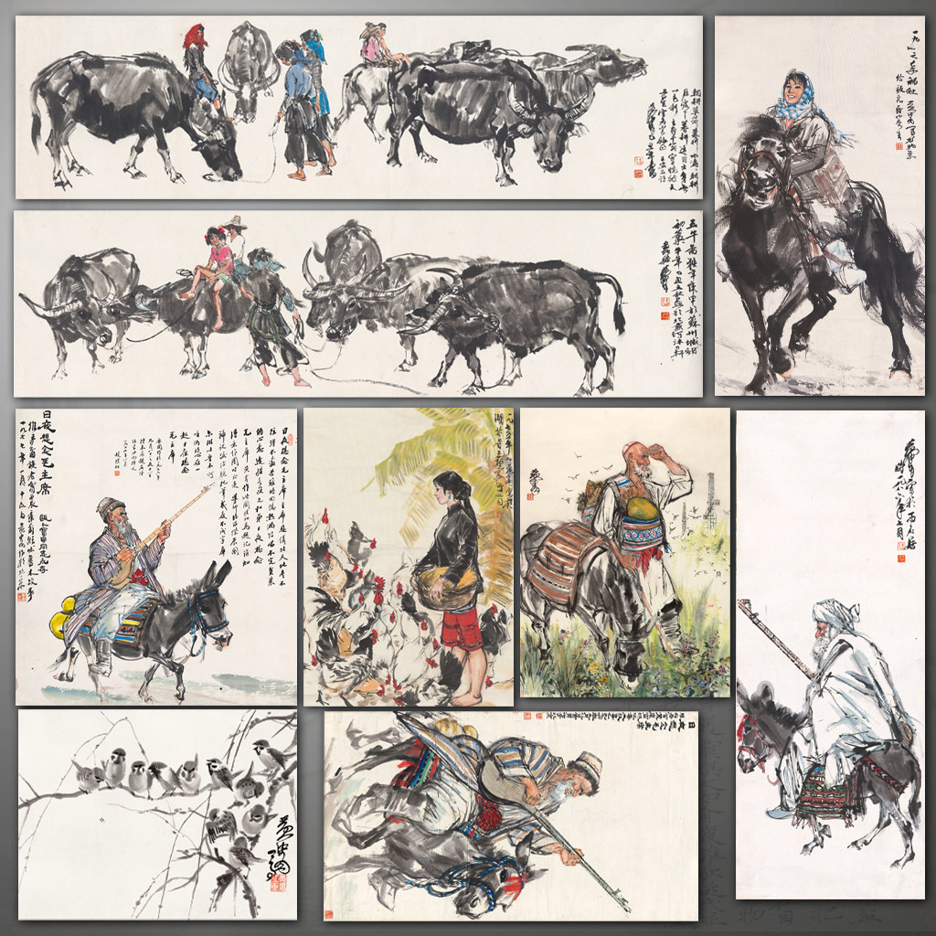 黄胄人物画五牛图 竖版国画人物画客厅装饰画水墨山水画宣纸画心