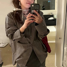 韩国Ribbon*it同款休闲竖条纹衬衫女2025新款polo领宽松开衫外套