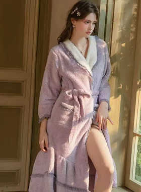 加厚法兰绒睡袍长款女秋冬娃娃领浴袍甜美纯欲家居服晨袍睡衣