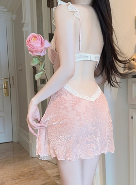 纯欲甜美诱惑深V露背飞袖丝绒睡裙带胸垫女套装加外袍