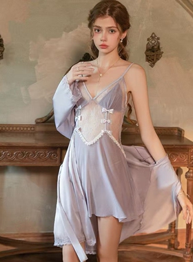 辣妹性感睡衣深V露背带胸垫蕾丝蝴蝶结背心纯欲风吊带睡裙家居服
