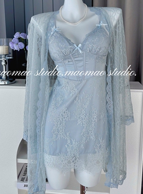 性感深V聚拢透视蕾丝睡裙吊带加胸垫套装