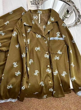 美拉德蝴蝶结印花冰丝缎面长袖翻领睡衣女2025春秋长裤家居服套装