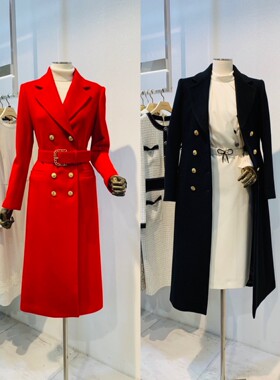 韩国直邮MOJO莫佐气质双排长款呢子红色羊绒大衣气质外套女冬季