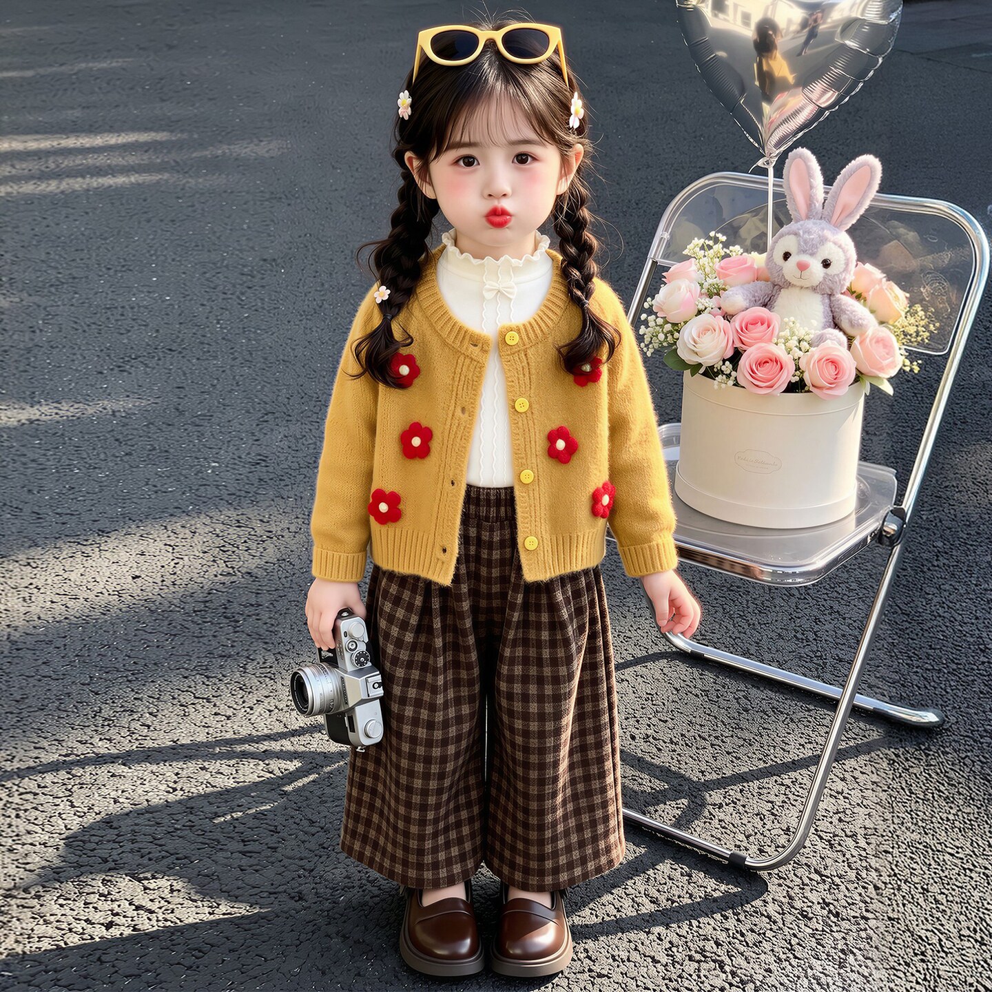 女童春秋毛衣开衫格子阔腿裤套装