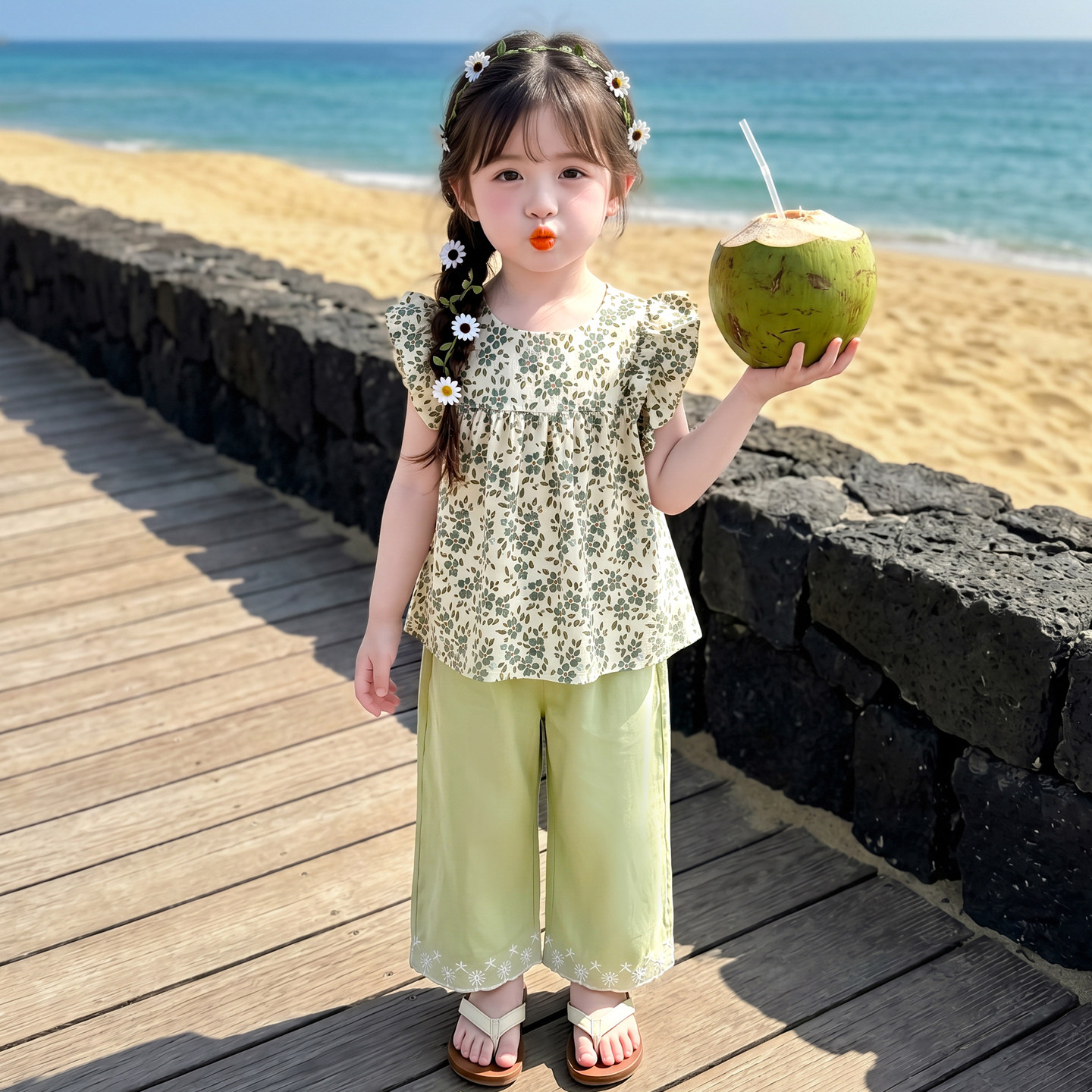 女童夏季碎花飞袖娃娃衫两件套潮