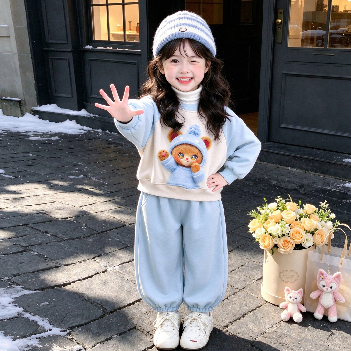 女童2026卡通小熊套装初冬新款儿童洋气假两件休闲运动服两件套潮