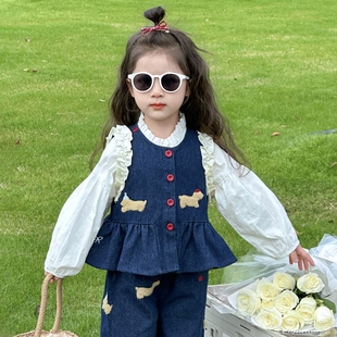女童小女孩韩版女宝宝时髦洋气春秋款套装花边牛仔三件套春装童装