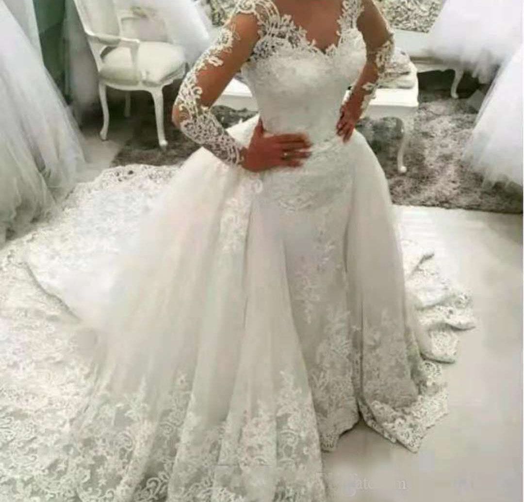 Wedding Dress with Detachable Skirt Backless Long Sleeve
