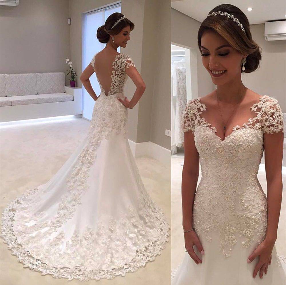 인어 웨딩 드레스 짧은 소매 웨딩 드레스 신부 드레스