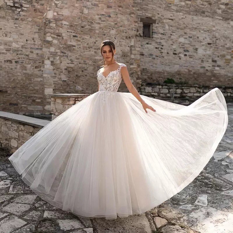 웨딩 드레스 아플리케 신부 드레스 A 라인 웨딩 드레스