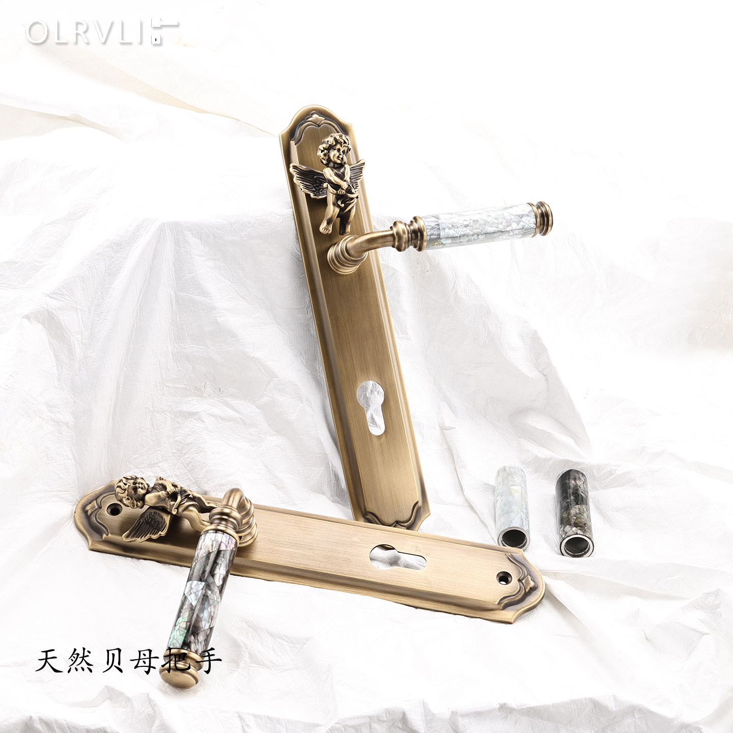 olrvli黄铜古铜色白贝母门锁复古法式欧式中古风天使磁吸双开门锁