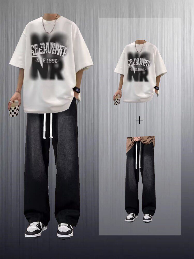 여름 남학생 캐주얼 스포츠 정장 학생 트렌디한 루즈한 반팔 티셔츠 잘생긴 청바지 투피스 세트