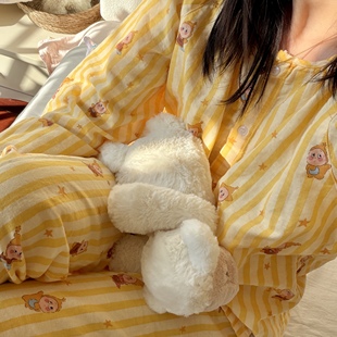 圆领长袖 A类100棉全棉双层纱睡衣家居服母婴级纯棉亲肤透气 长裤