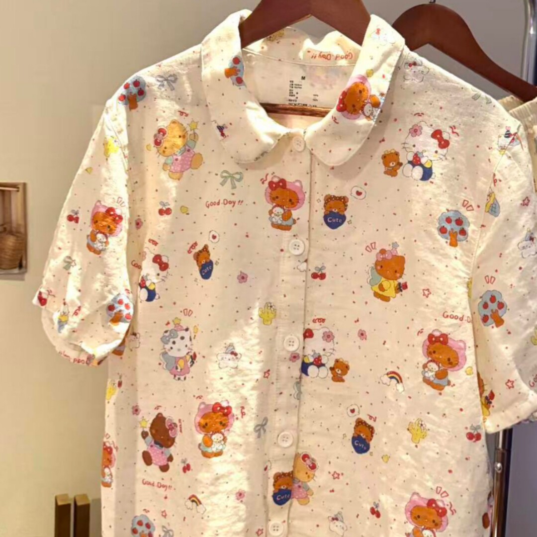 娃娃领短袖长裤~100棉全棉A类母婴级双层纱睡衣家居服卡通纱布